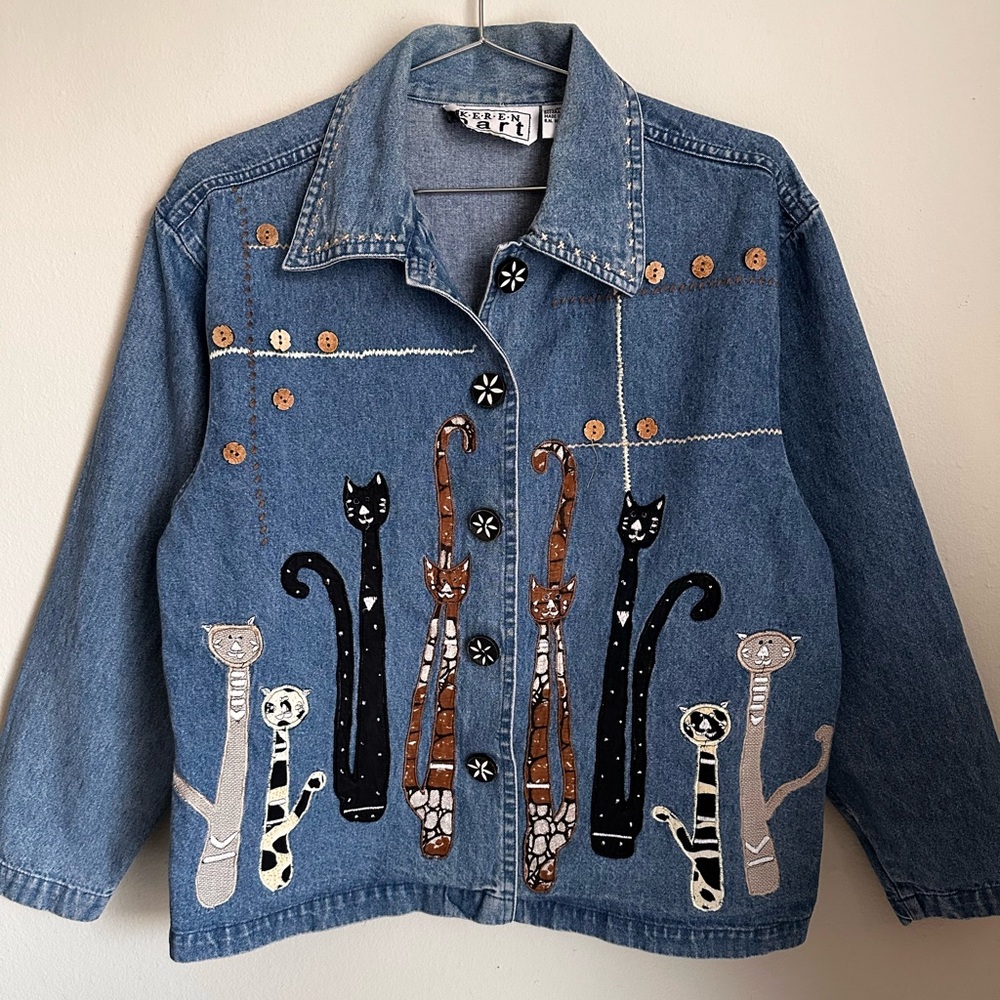 Vintage Jean Denim Jacket Cat Mom Embroidery Appliqué Quirky Cottagecore Artsy S